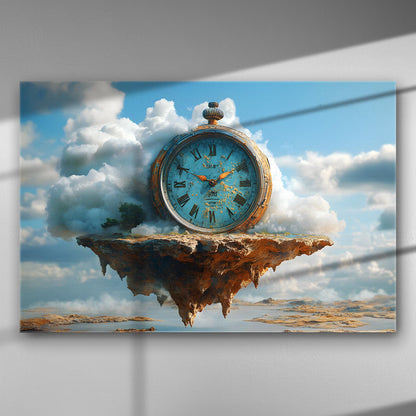 Floating island with clouds and a large classic clock on canvas print.