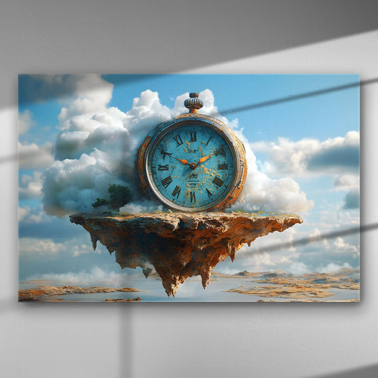 Floating island with clouds and a large classic clock on canvas print.