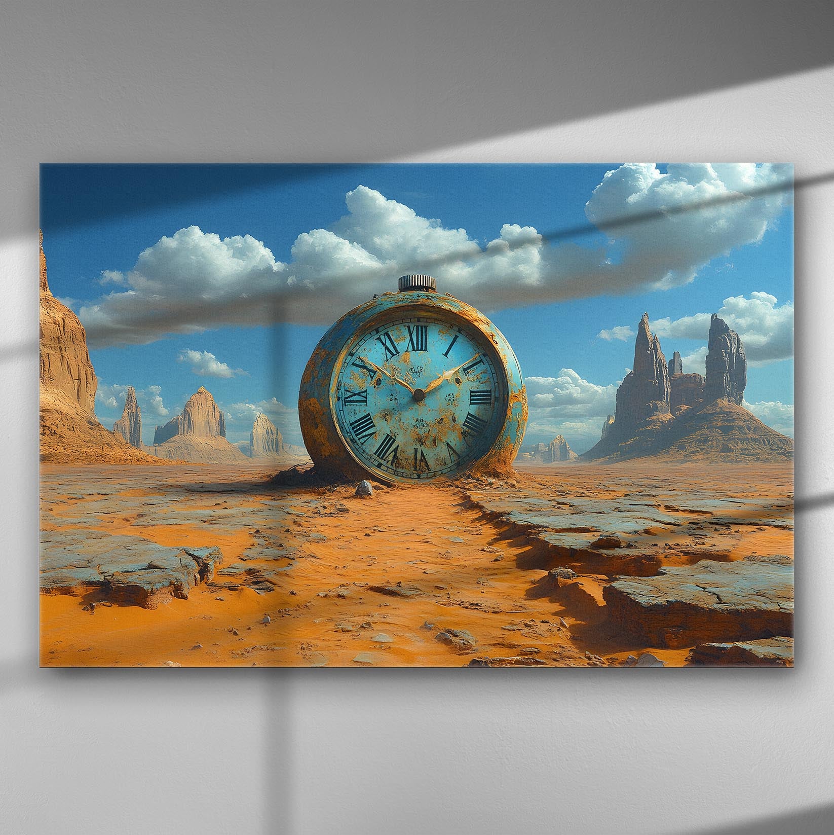 Desert scene with a large weathered clock amidst dramatic rock formations and a vivid blue sky.