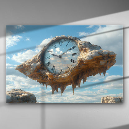 Floating rock with embedded clock against a blue sky