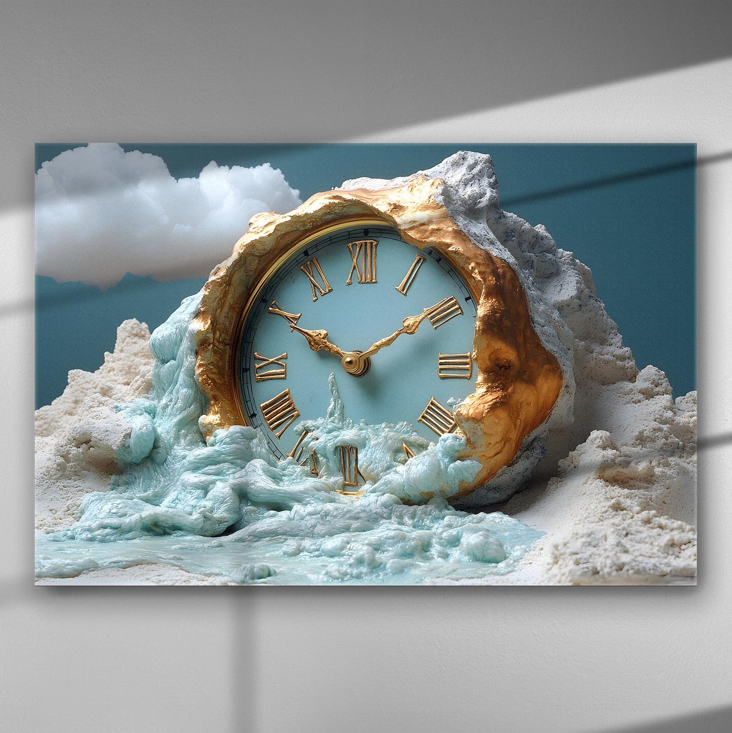 A canvas print showing a golden clock with flowing water and clouds, symbolizing time and nature.