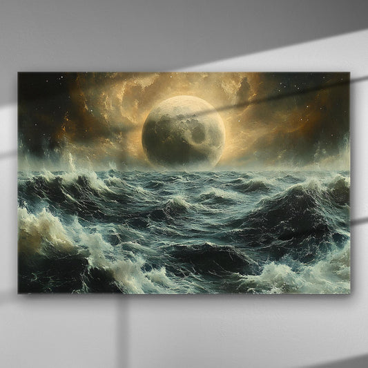Artwork showing a large, luminous moon over rough ocean waves.