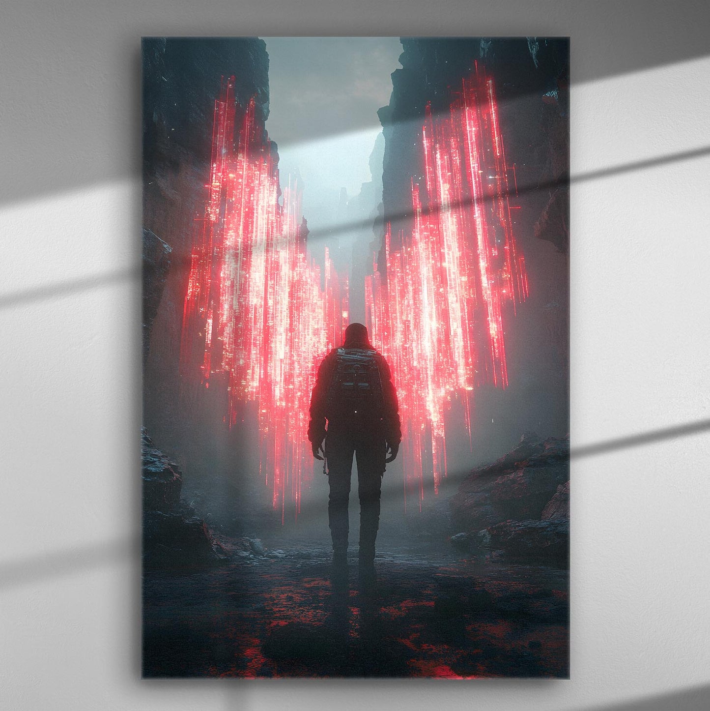 A person standing before a red digital portal in a dark landscape, digital art canvas