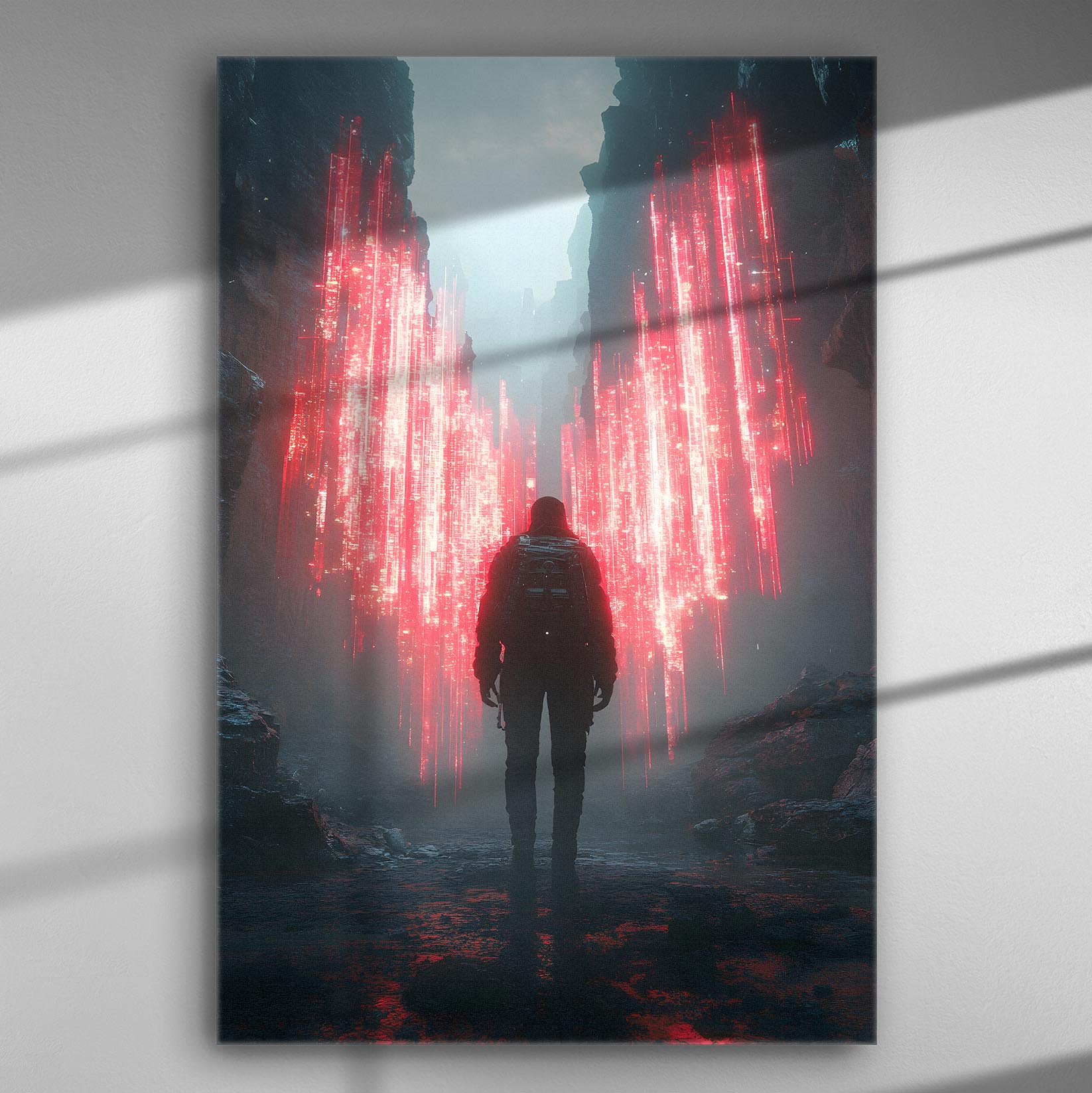 A person standing before a red digital portal in a dark landscape, digital art canvas