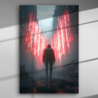 A person standing before a red digital portal in a dark landscape, digital art canvas