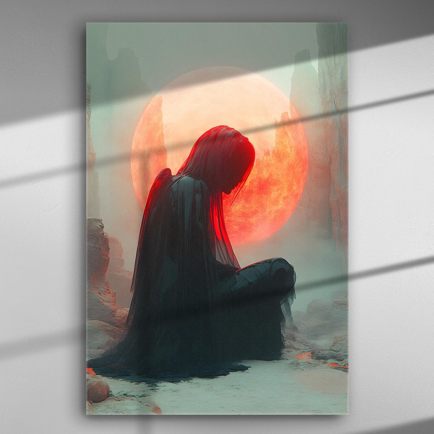 A mystical silhouette sitting in front of a bright red moon.