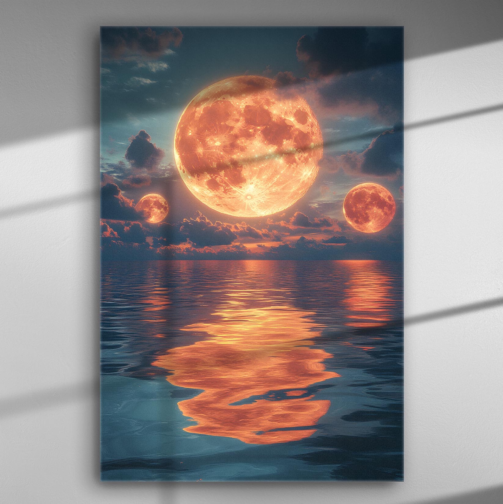 Moons reflecting in ocean with dramatic skies, canvas art.