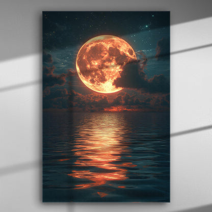 Full moon over the sea with reflection, night sky canvas print in vivid colors.