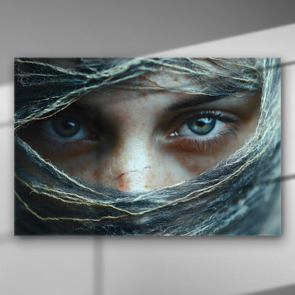 Close-up of mysterious eyes wrapped in fabrics, creating a dramatic and intense ambiance.