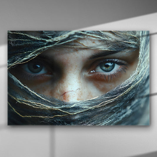 Close-up of mysterious eyes wrapped in fabrics, creating a dramatic and intense ambiance.