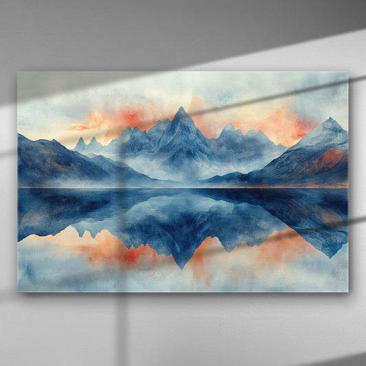Mountain landscape reflecting in calm water with warm and cool tones on canvas.