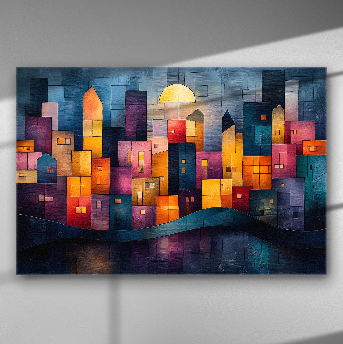 Colorful abstract cityscape at night on canvas with geometric shapes and vibrant lighting.