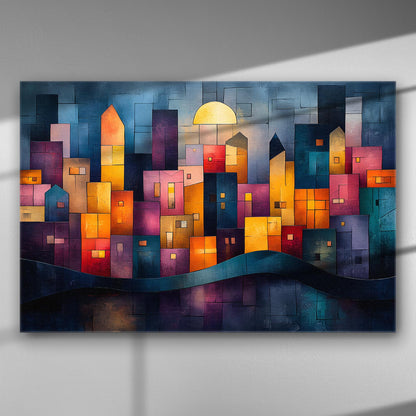 Colorful abstract cityscape at night on canvas with geometric shapes and vibrant lighting.