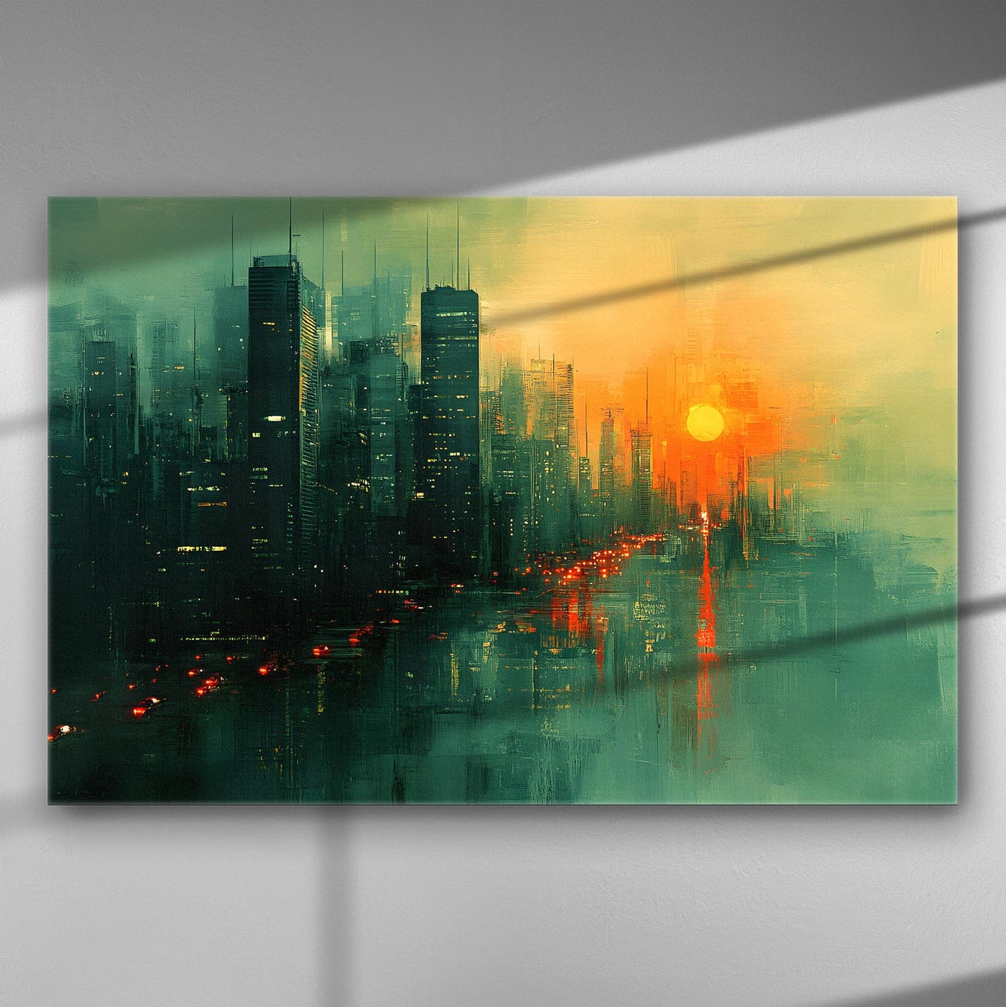 A modern cityscape canvas print depicting a sunset over skyscrapers with light trails from cars.