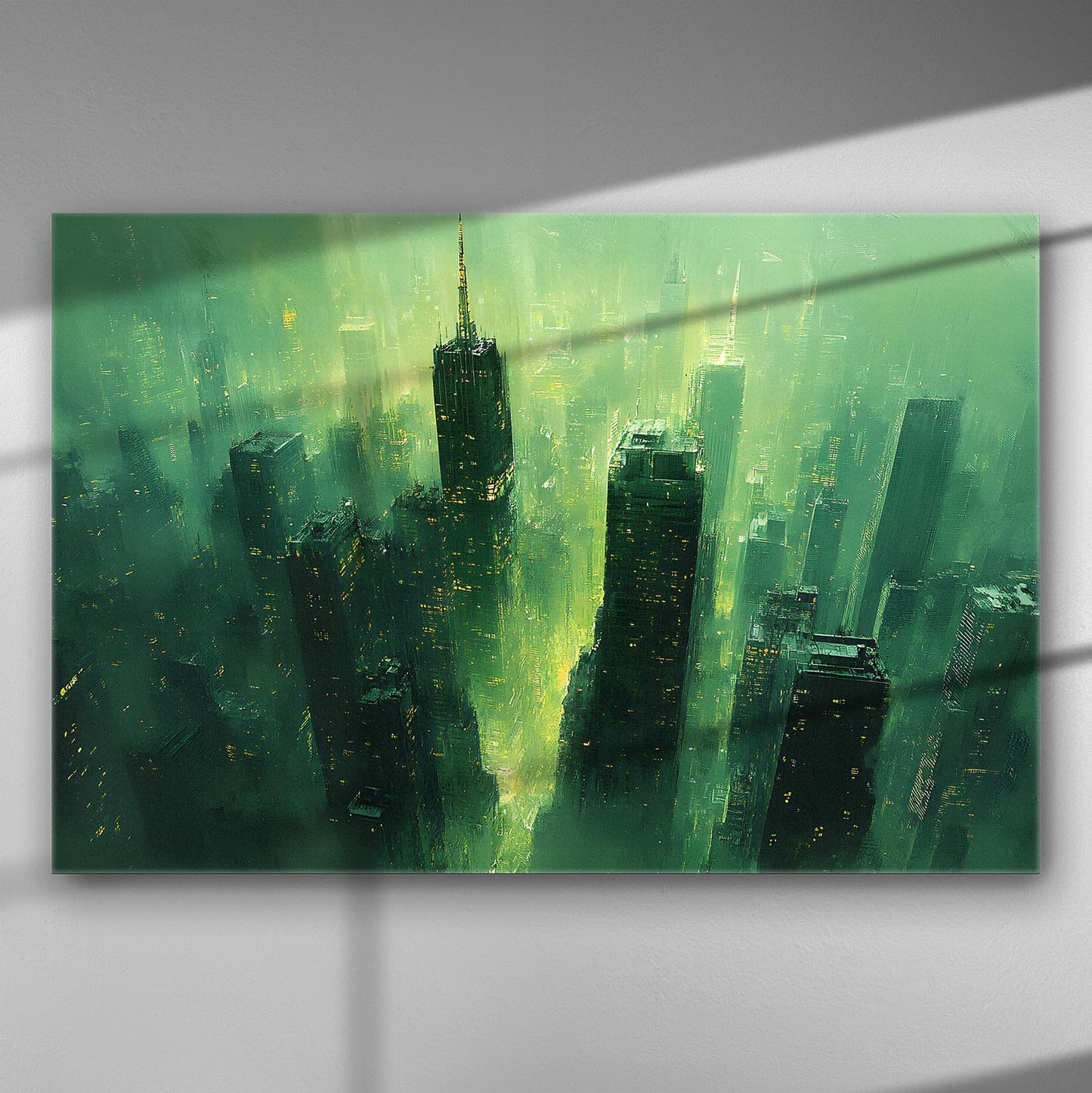 A dramatic view of a modern city at night with green and gold hues.