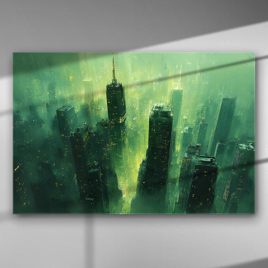 A dramatic view of a modern city at night with green and gold hues.
