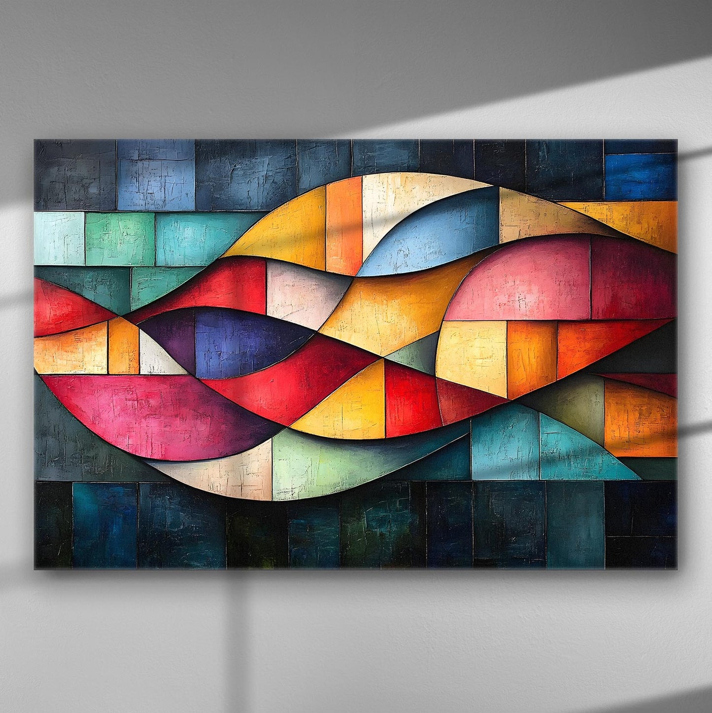 Abstract canvas painting with waves and vibrant colors in a mosaic pattern