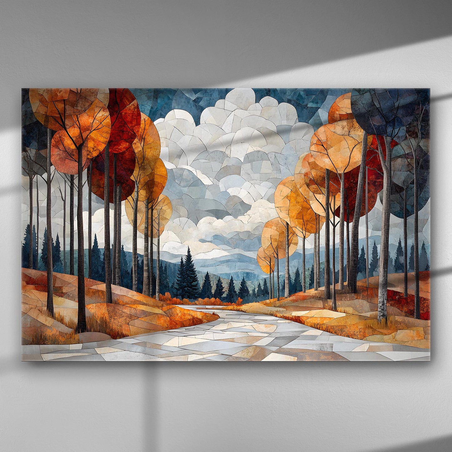 Autumn landscape canvas print with trees in orange and red hues lining a winding path.