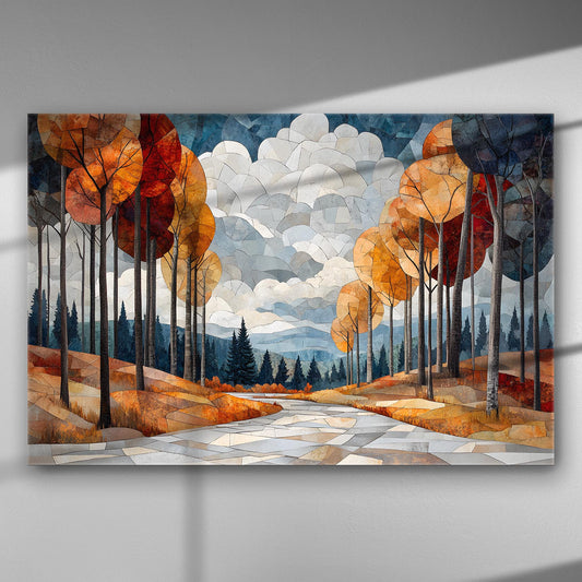 Autumn landscape canvas print with trees in orange and red hues lining a winding path.