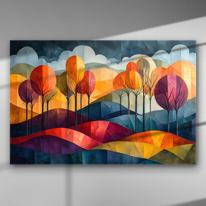 Abstract landscape canvas with colorful trees in warm tones, ideal for home or office decor.