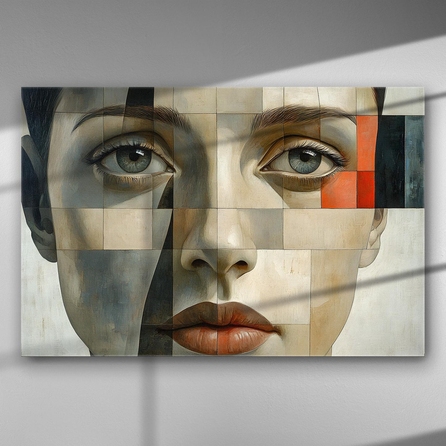 Abstract geometric portrait of a woman with expressive eyes on a canvas.