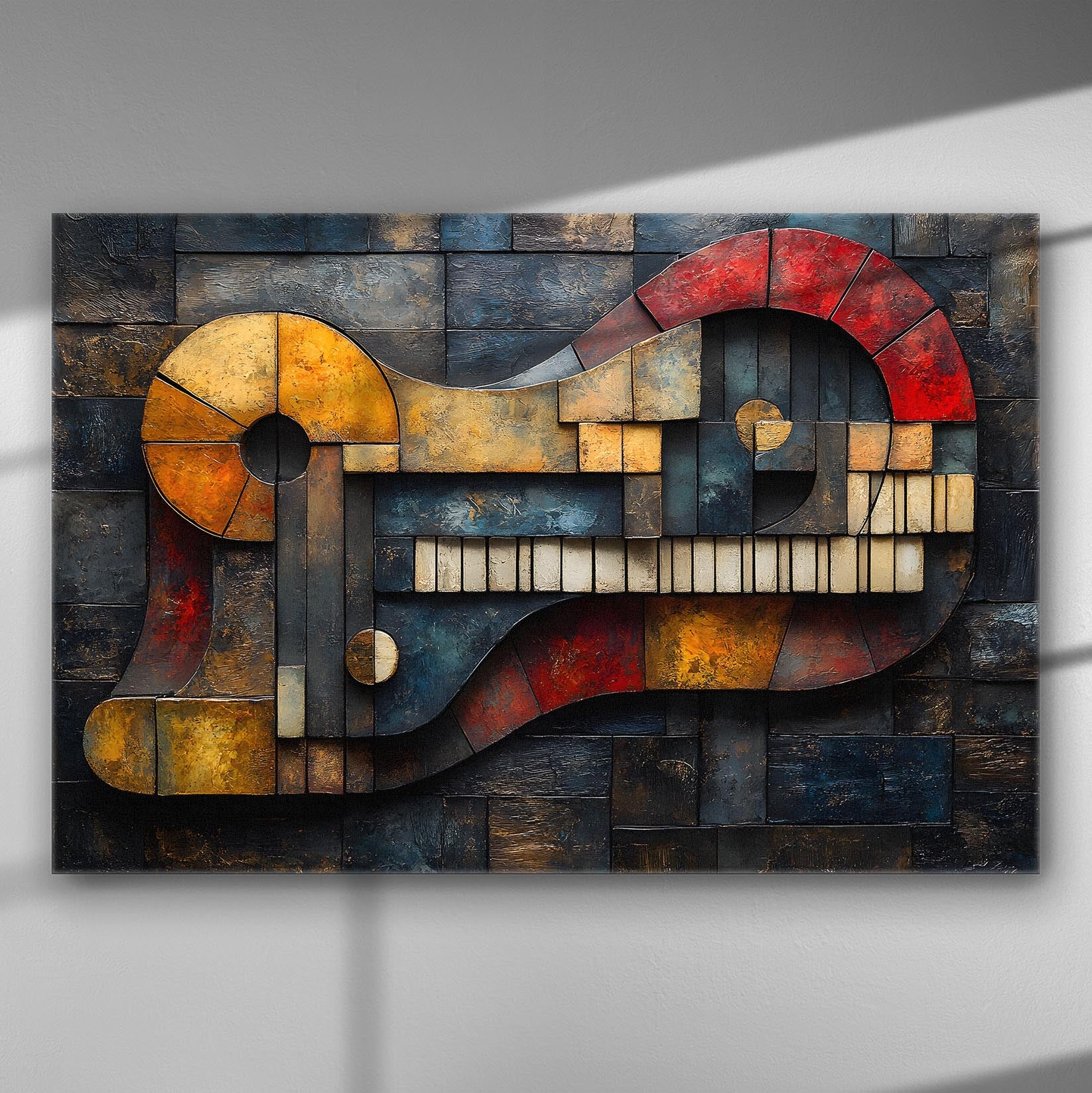 Abstract geometric canvas art with vibrant red, blue, and yellow shapes in a sculptural style.
