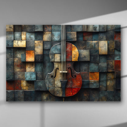 A canvas print featuring a cello in the center against a grid of colorful squares, in tones of ochre, blue, and gray.