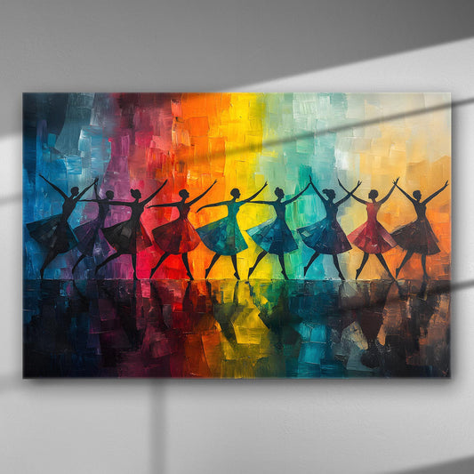 Canvas print of dancers in silhouette against a vibrant rainbow-colored background.