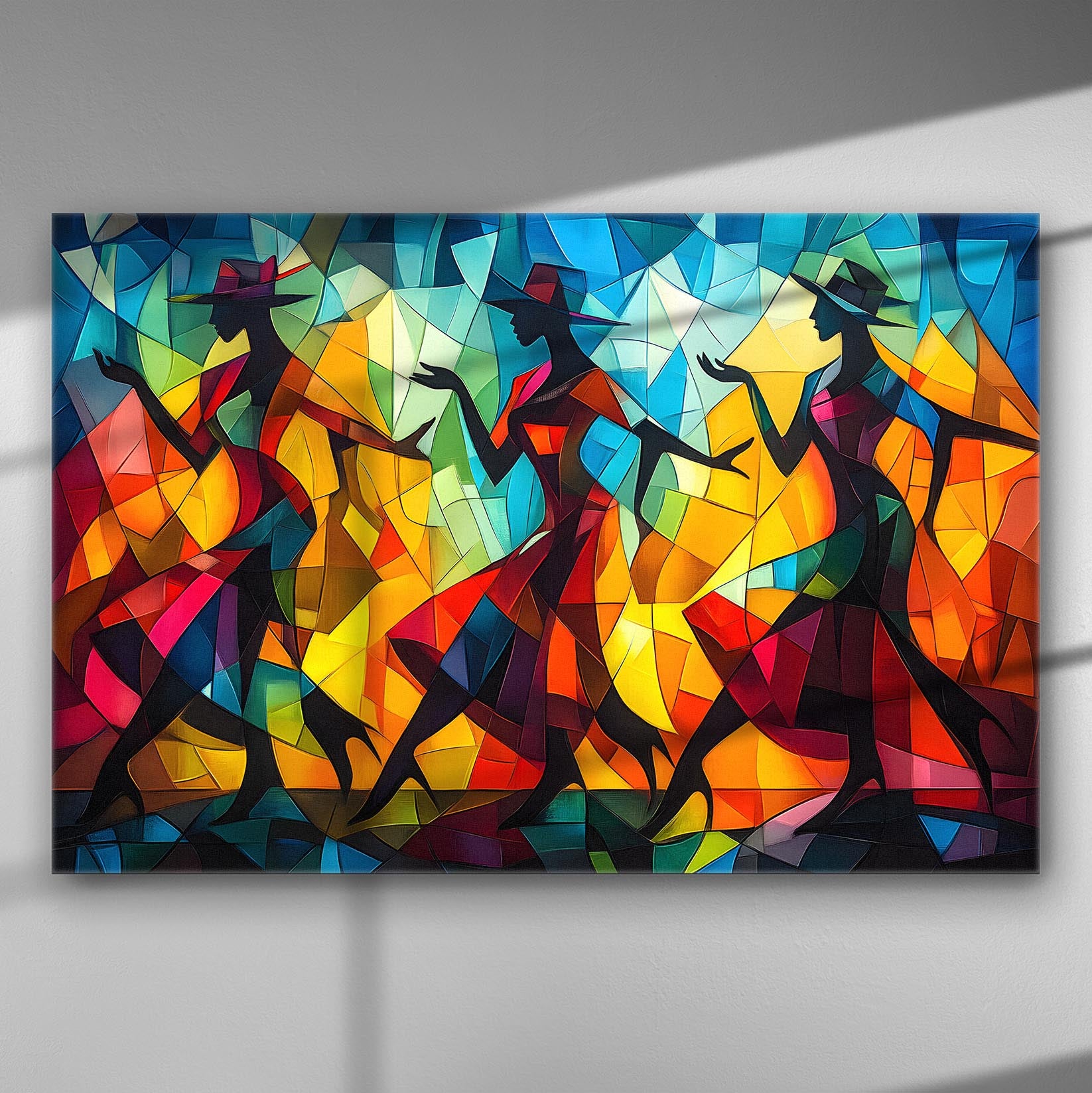 Colorful abstract canvas print of dancers in silhouette, showcasing vibrant colors and dynamic shapes.