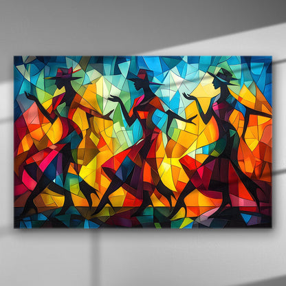 Colorful abstract canvas print of dancers in silhouette, showcasing vibrant colors and dynamic shapes.