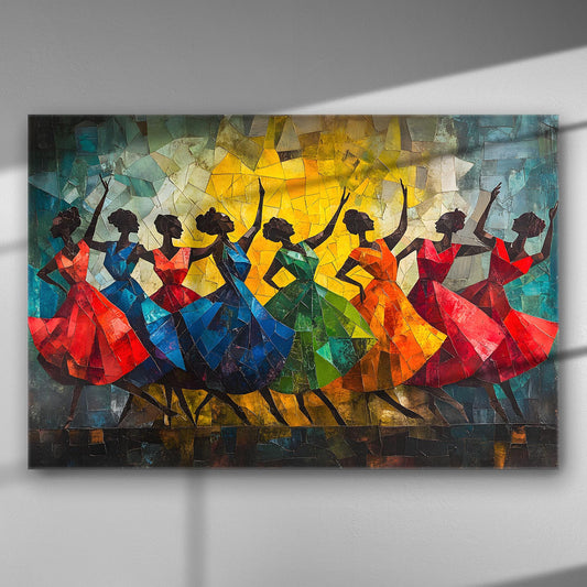 Colorful abstract painting of dancing women in vibrant dresses.