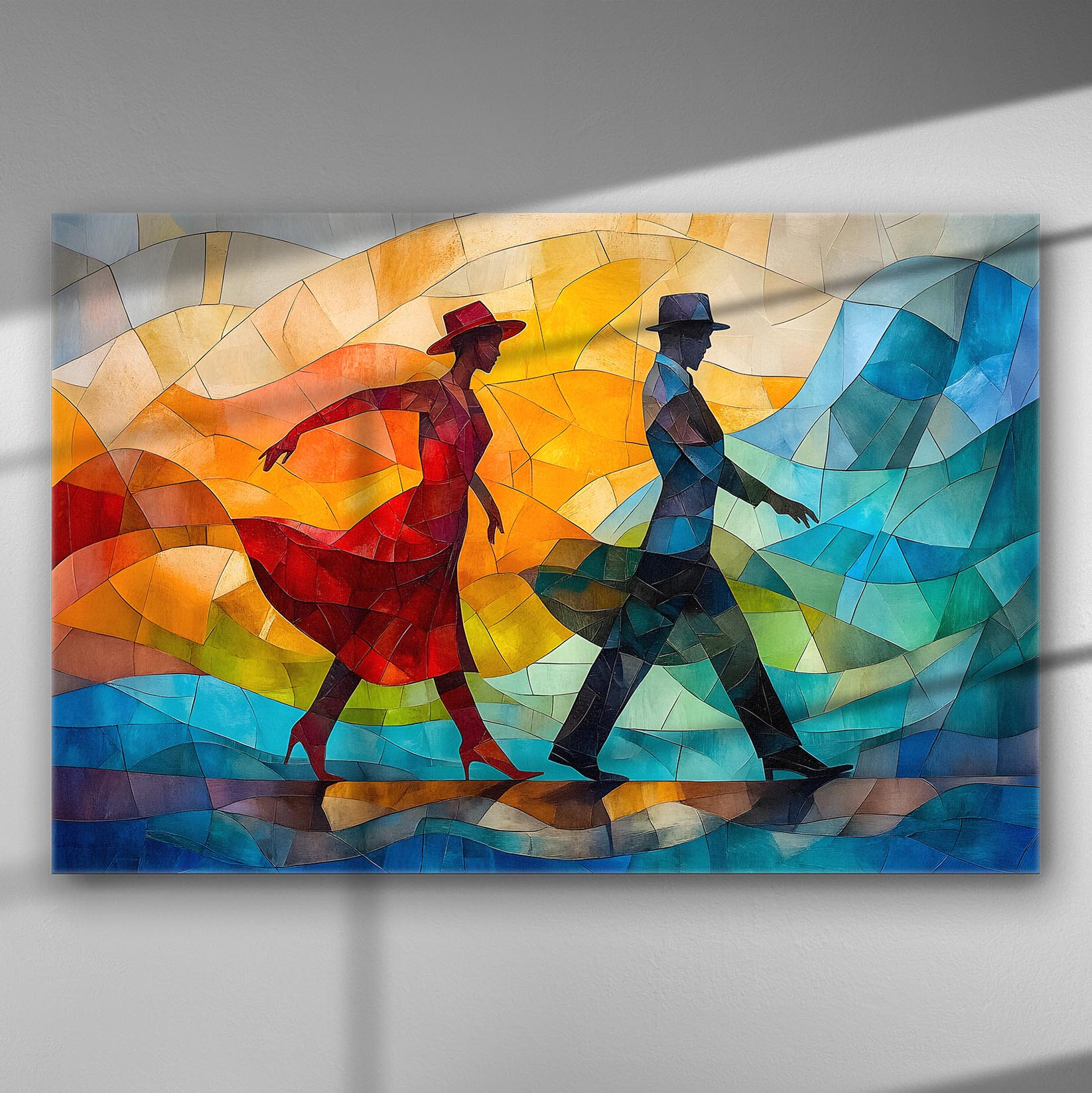 A colorful artwork of a couple dancing with sunset colors and cool waves, on canvas.