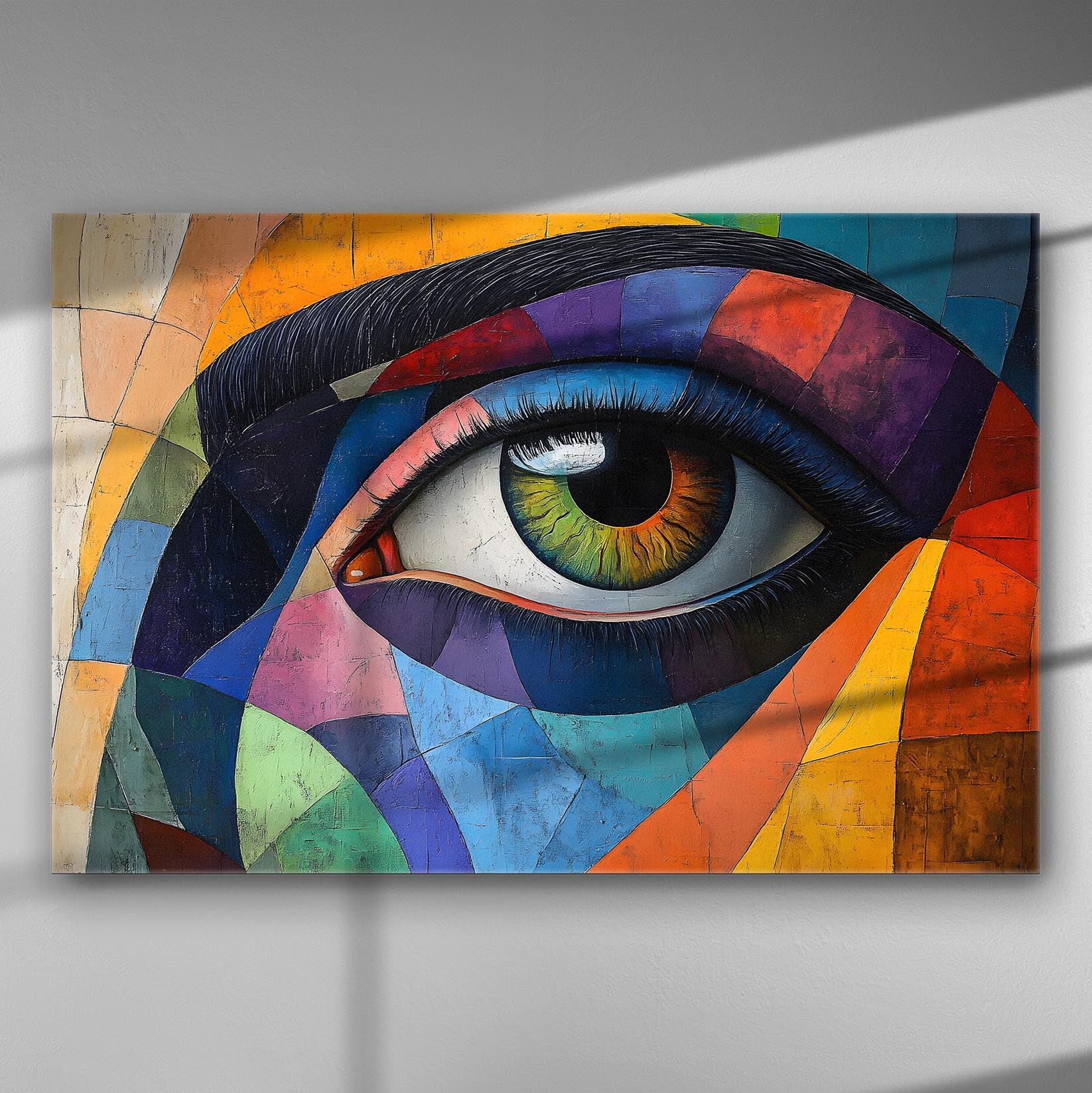 Colorful geometric eye artwork on canvas, vibrant and modern, ideal for art decoration.