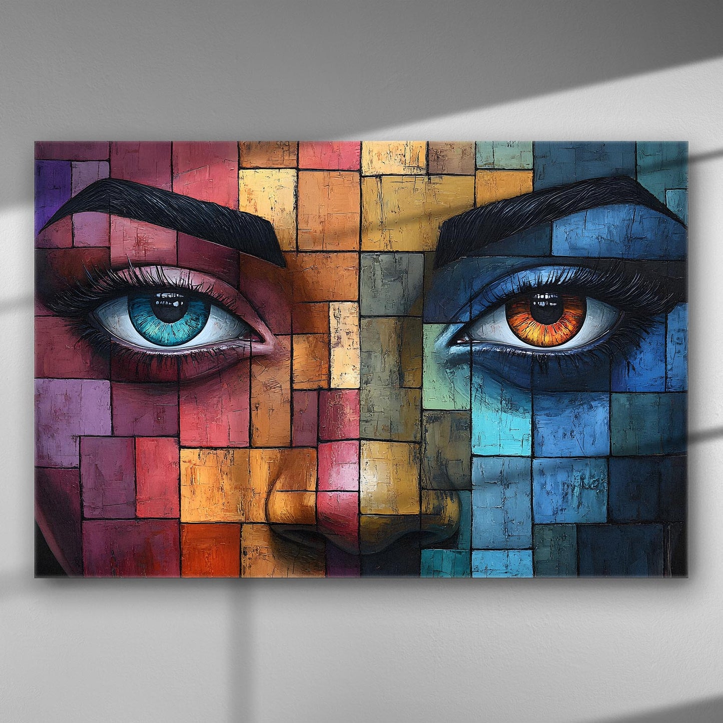 Colorful abstract portrait of eyes on canvas with a mosaic pattern.