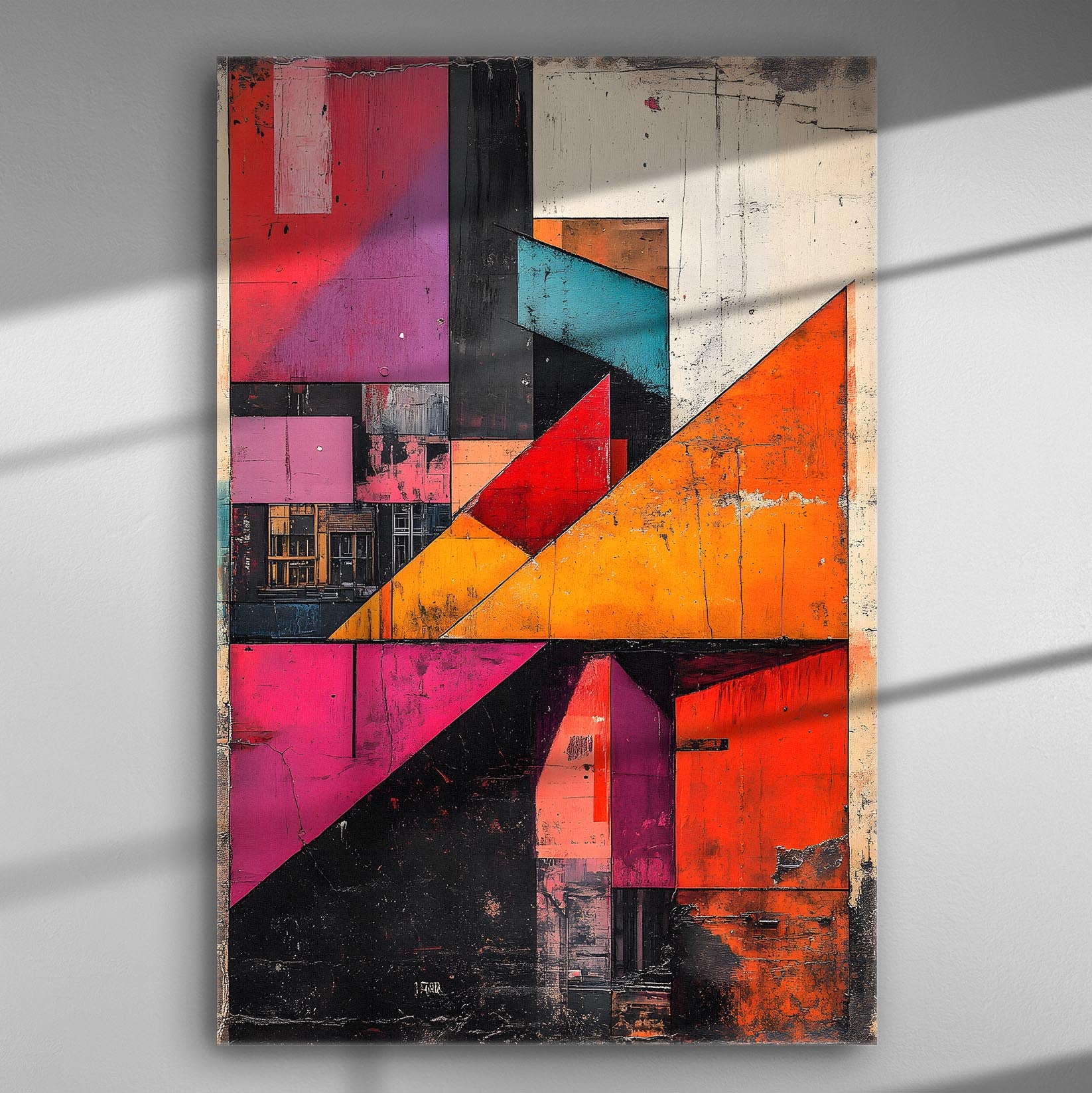 Abstract geometric canvas print with vibrant colors like orange, purple, and red, featuring sharp contrasting shapes.