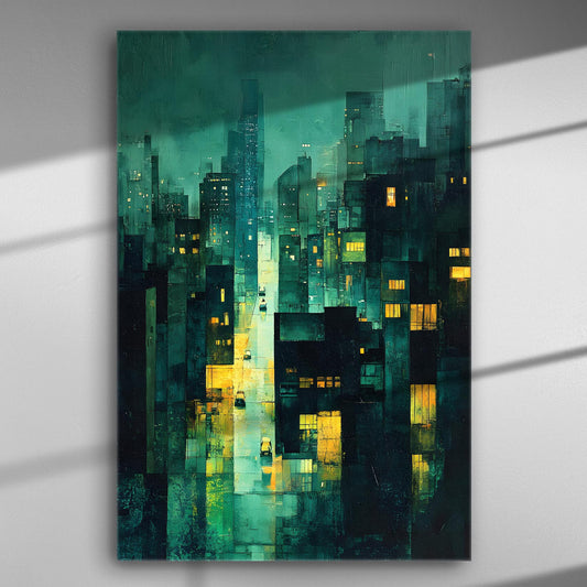 Canvas print depicting a cityscape at night with illuminated buildings.