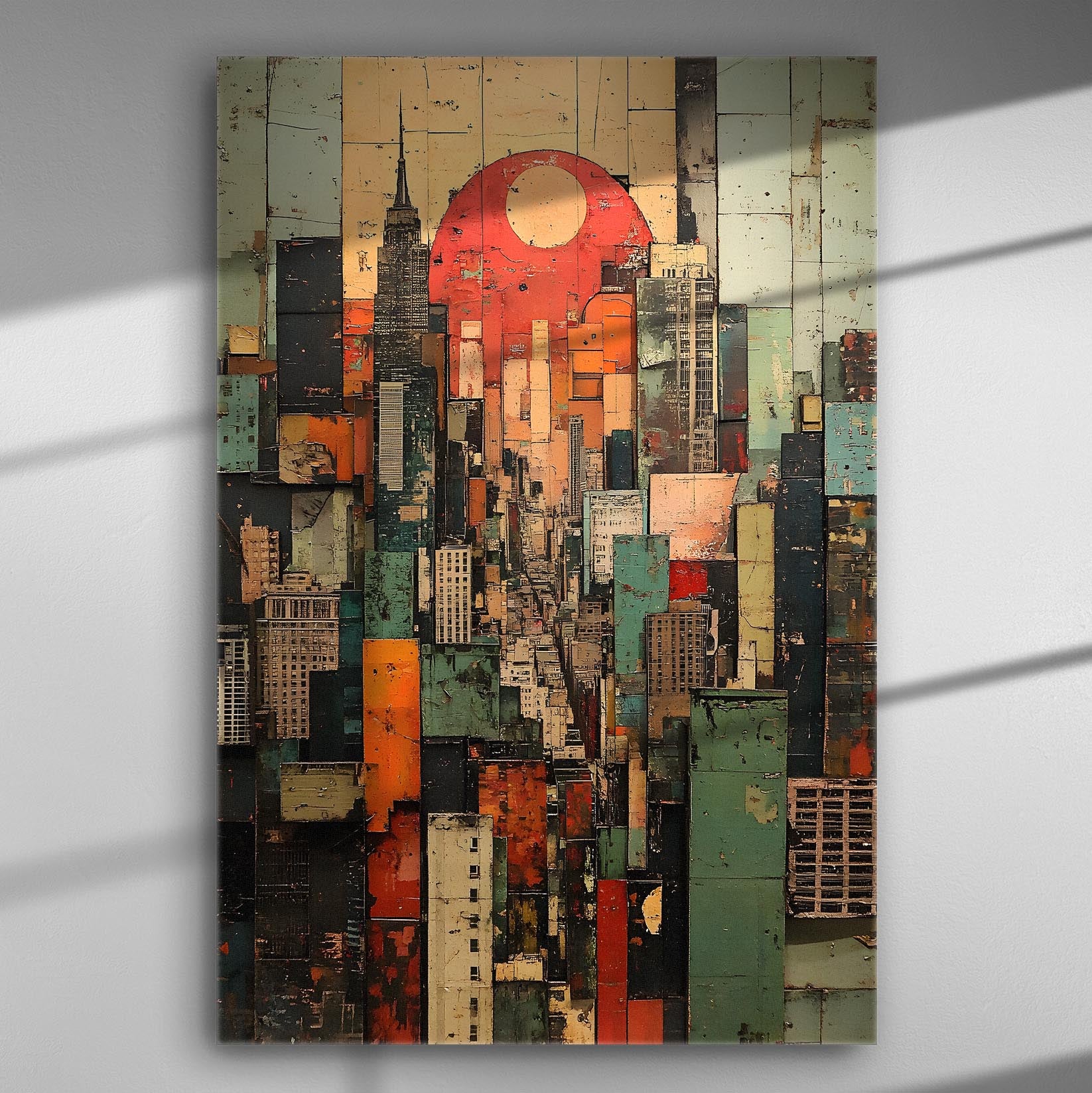 Abstract cityscape at sunset with geometric design in warm colors on canvas.
