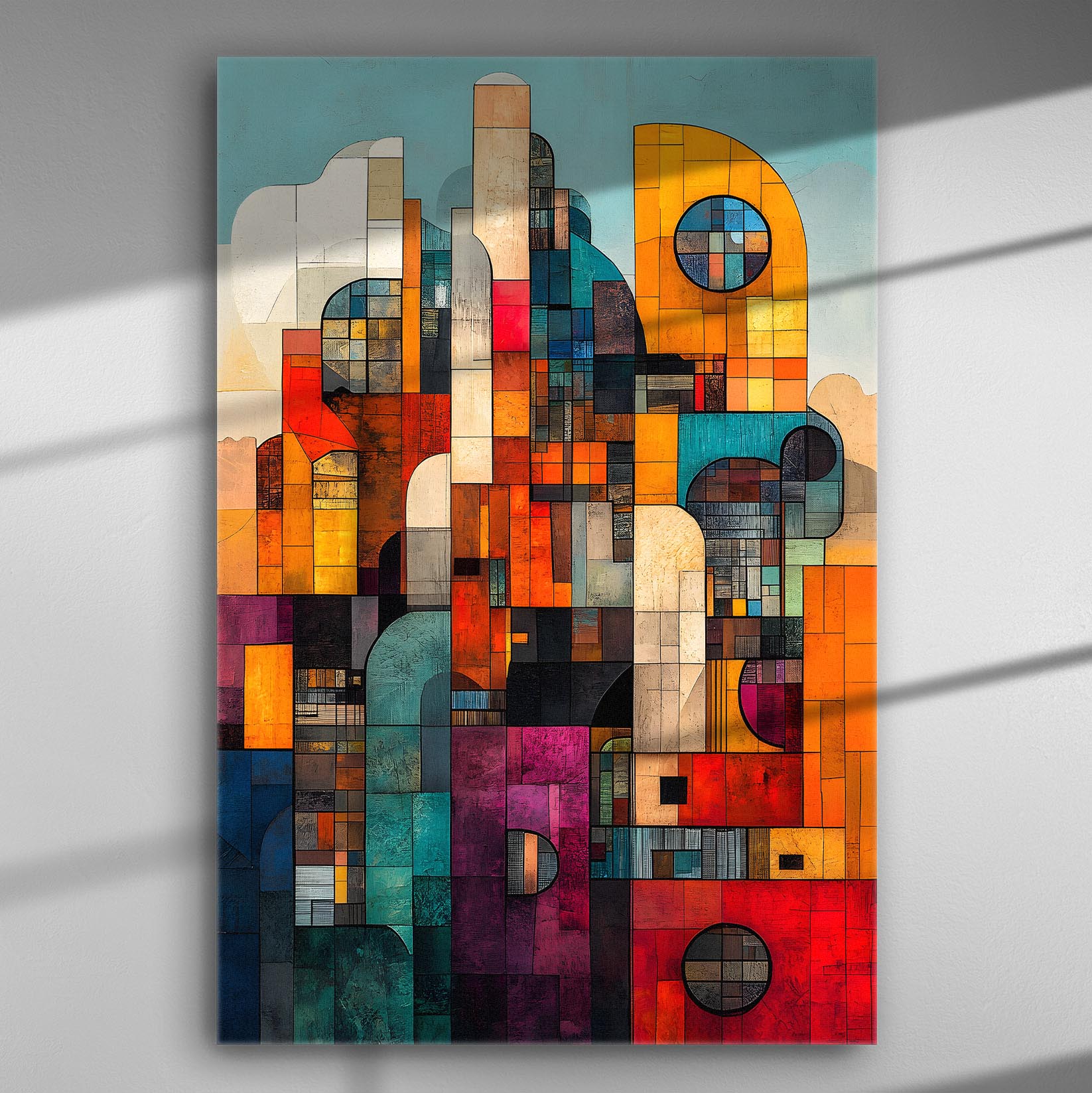 Abstract geometric art canvas with vibrant colors and shapes.
