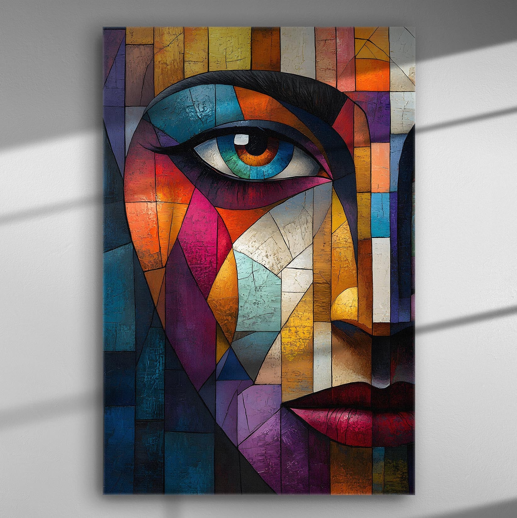 Abstract mosaic artwork featuring an eye on a colorful canvas.