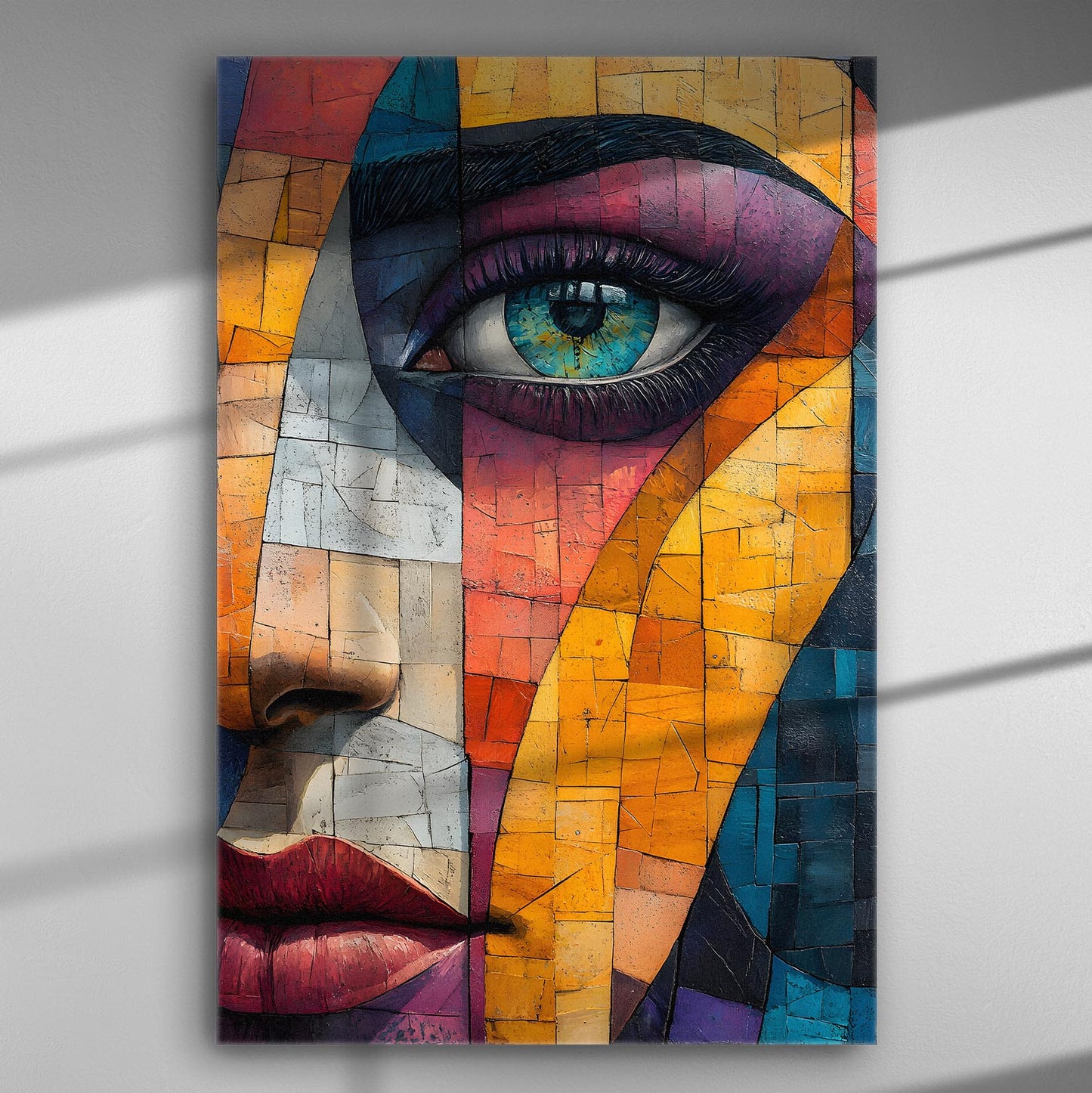 Abstract portrait with a striking eye in vibrant geometric shapes and colors.