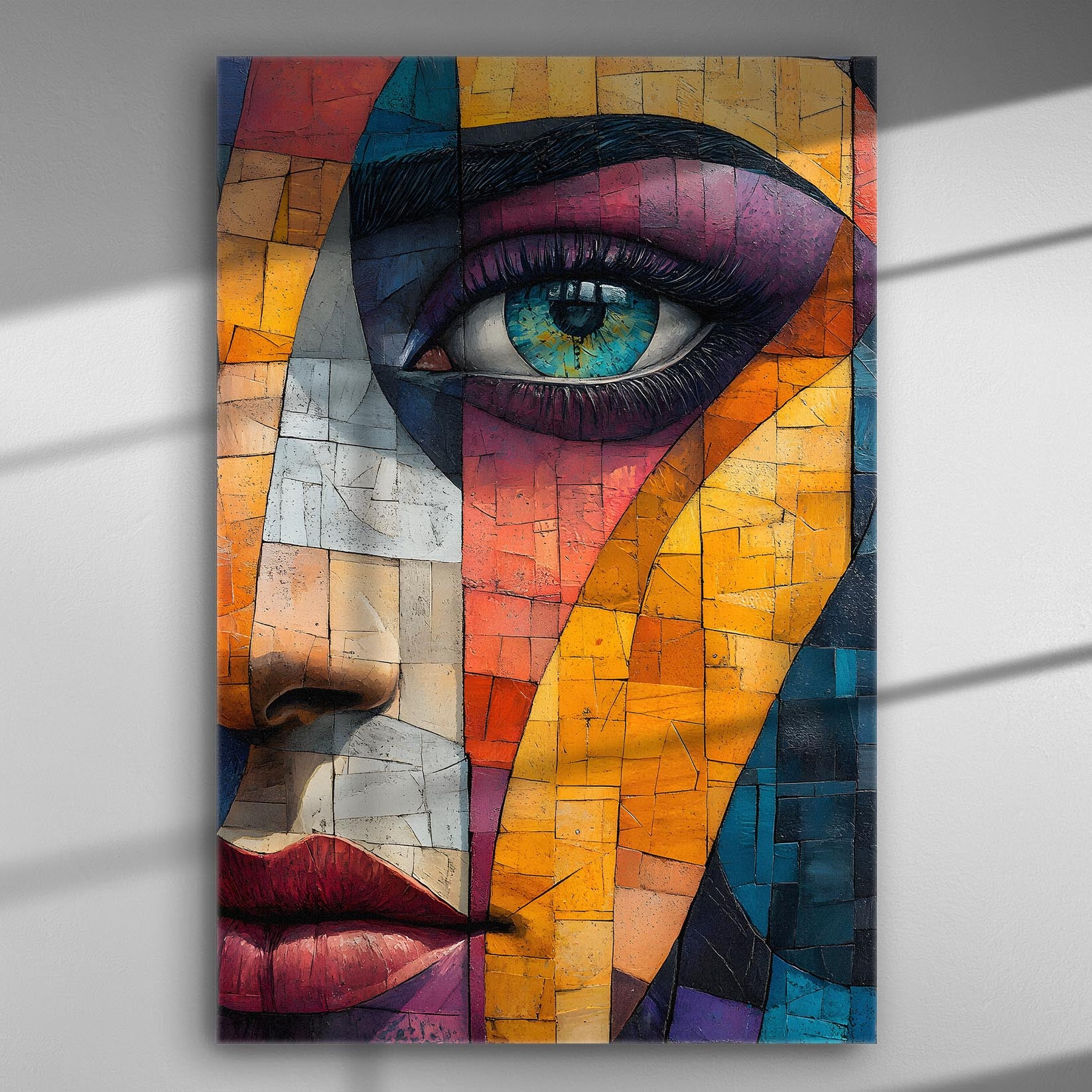 Abstract portrait with a striking eye in vibrant geometric shapes and colors.