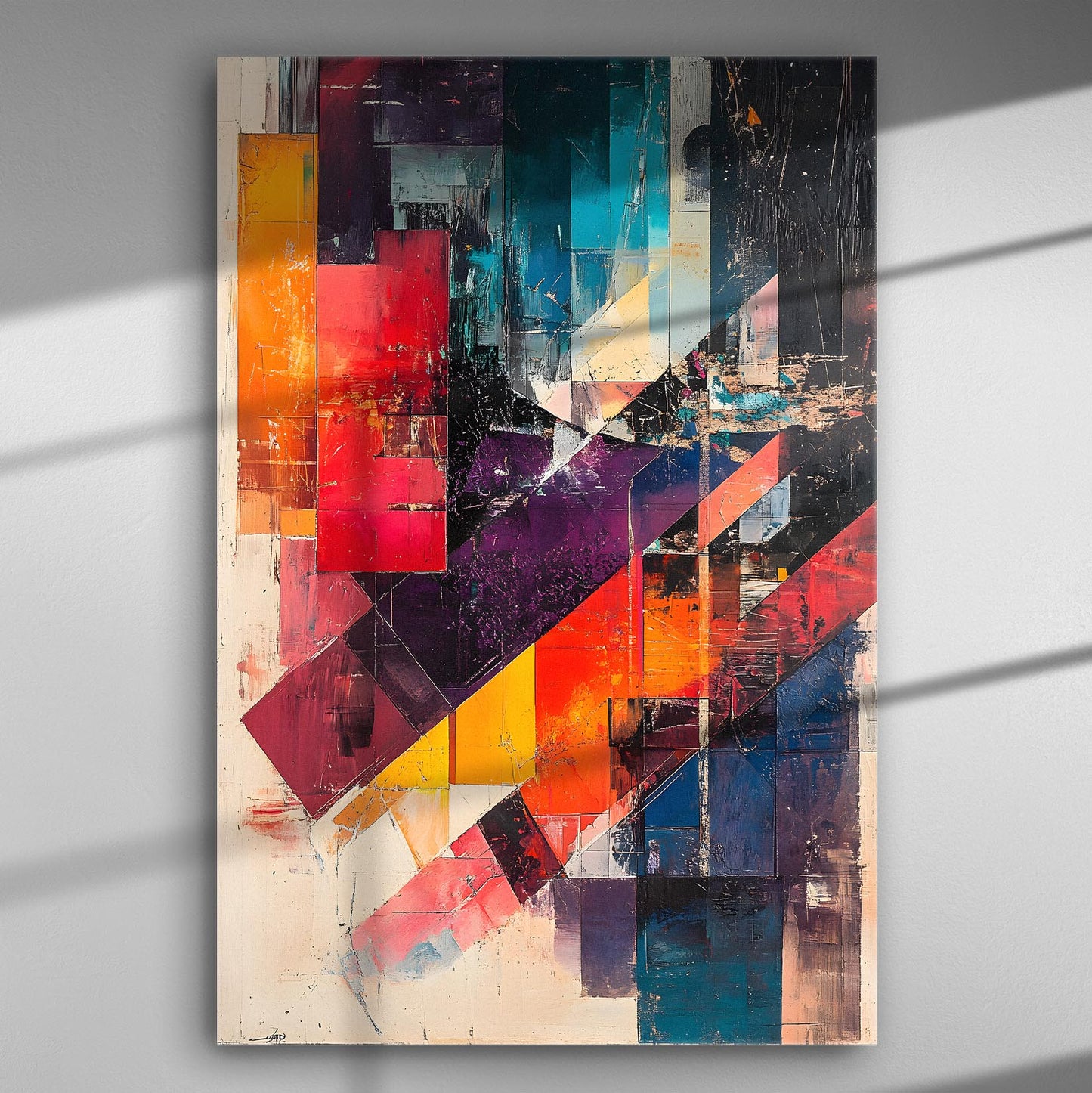 Abstract geometric canvas art with vibrant colors and dynamic shapes.