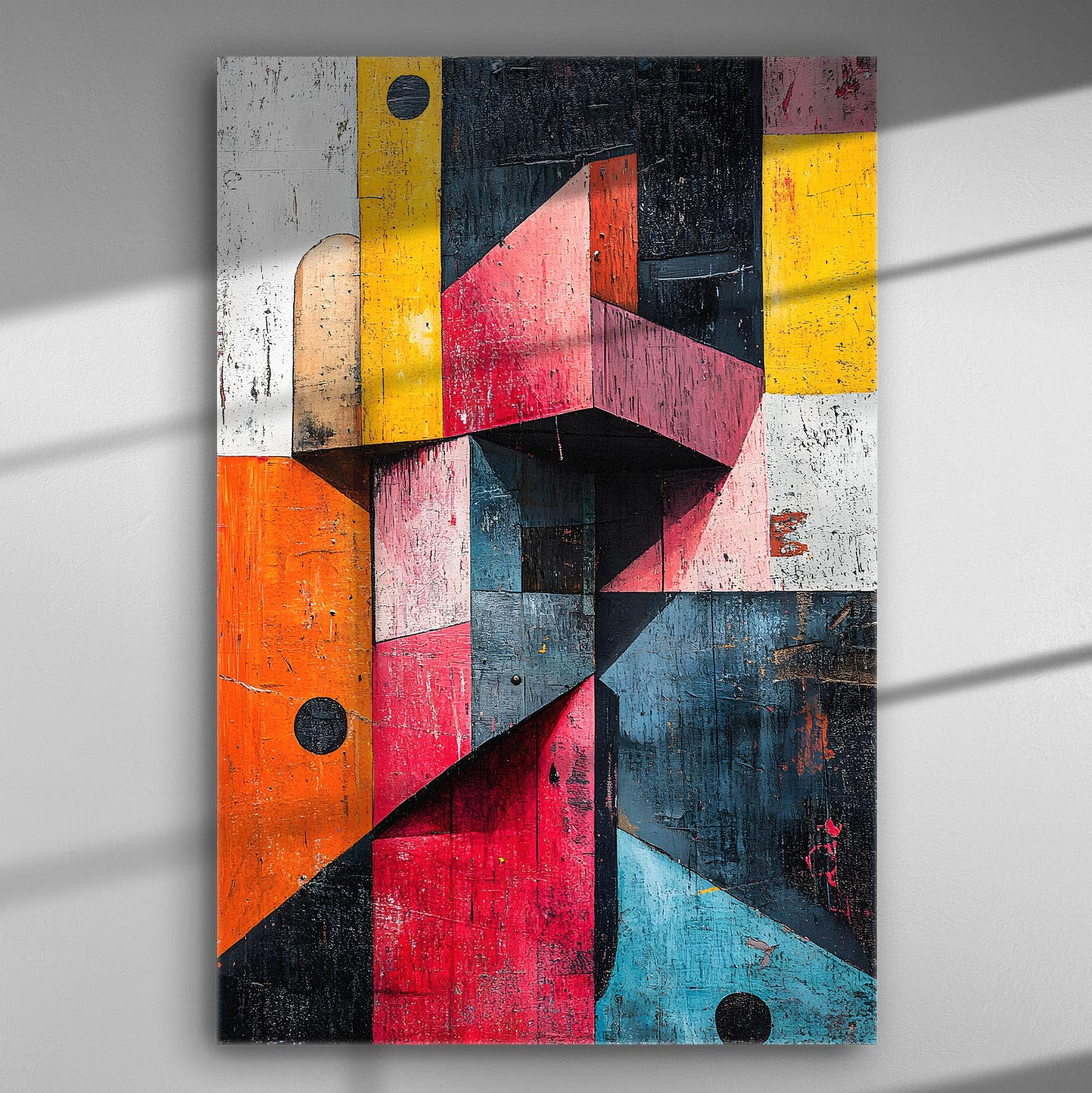Abstract geometric canvas print with vibrant colors, including red, yellow, blue, and orange.
