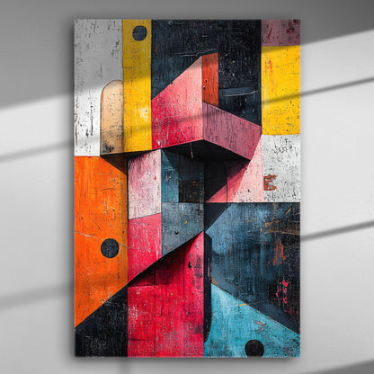 Abstract geometric canvas print with vibrant colors, including red, yellow, blue, and orange.