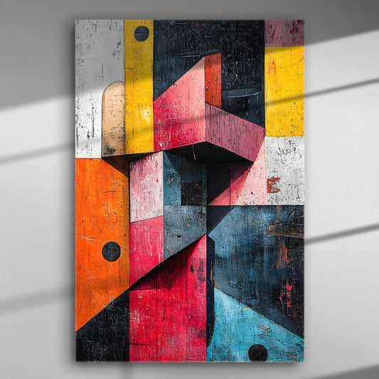 Abstract geometric canvas print with vibrant colors, including red, yellow, blue, and orange.