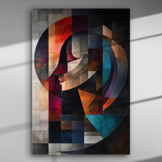 Abstract geometric painting with a face in shades of red, blue, and brown.