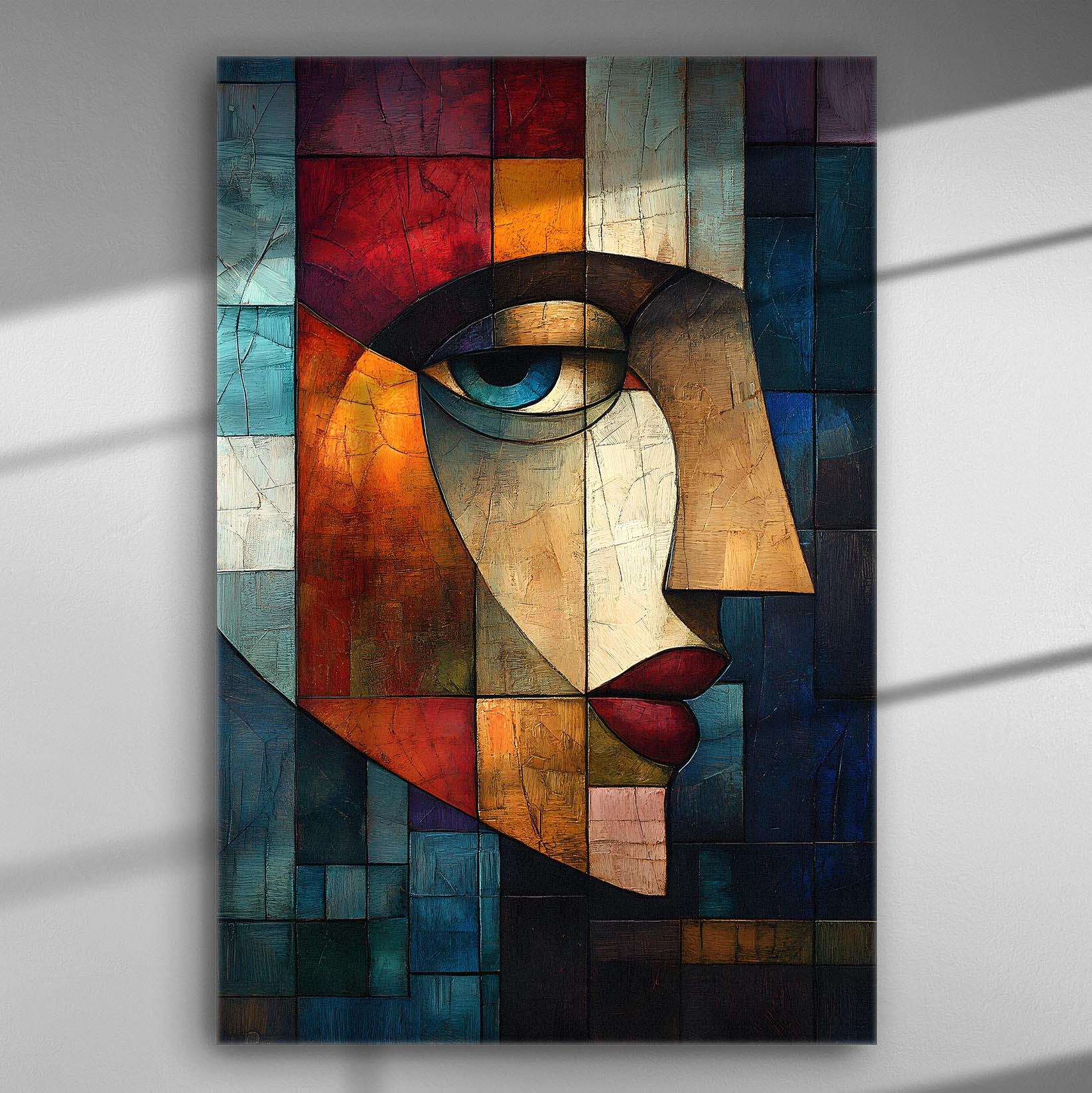 Abstract geometric portrait with expressive face in vibrant colors on canvas