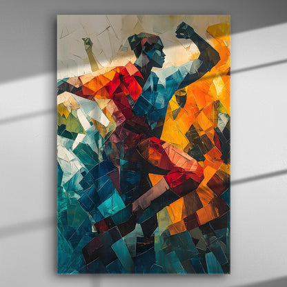 Abstract art featuring a dynamic figure with bold colors and angular lines on canvas