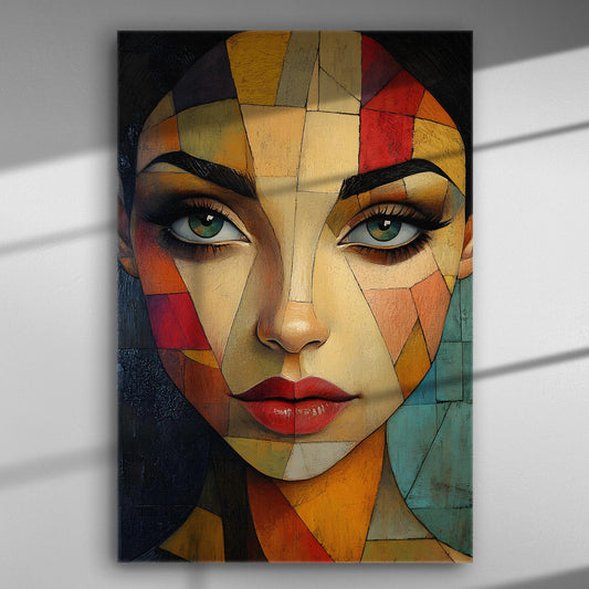 Abstract portrait of a woman with geometric shapes and vibrant colors on a canvas