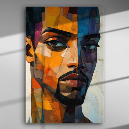 Abstract modern portrait canvas print with warm and cool tones, showcasing a captivating face.